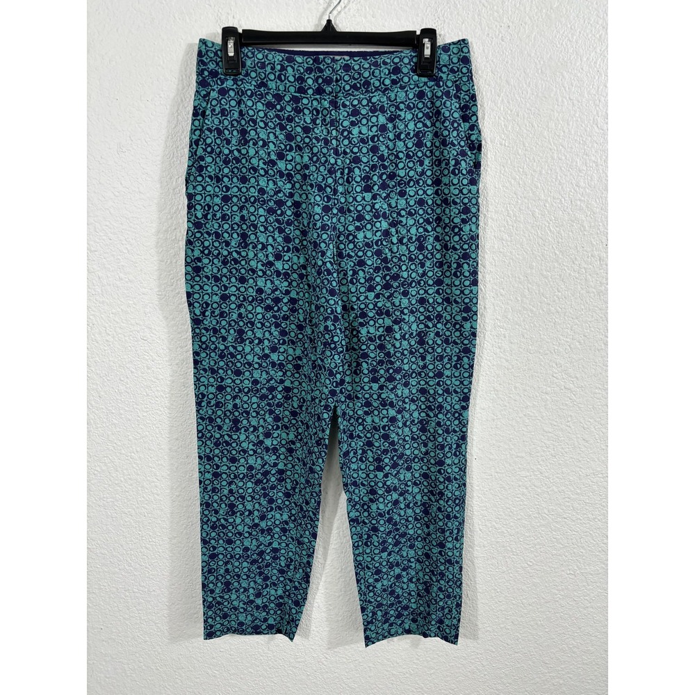 COS‎ Pants Womens Medium Teal Indigo Silk Cotton Blend Cropped Ankle Geometric